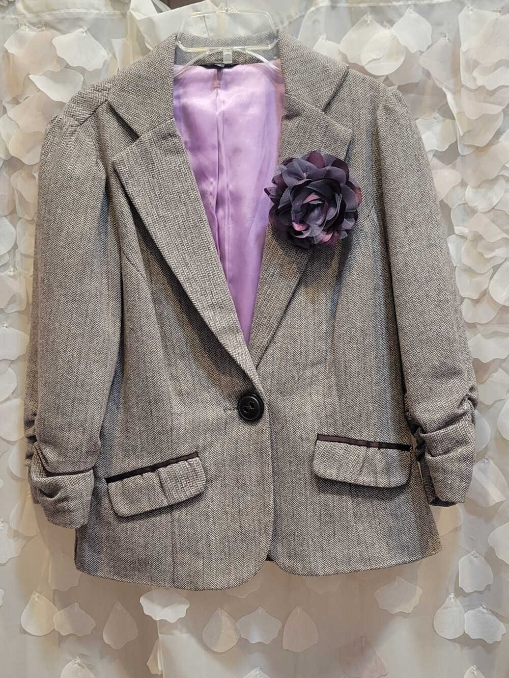 Maurices Brown Herringbone Blazer with Purple Lining and Flower